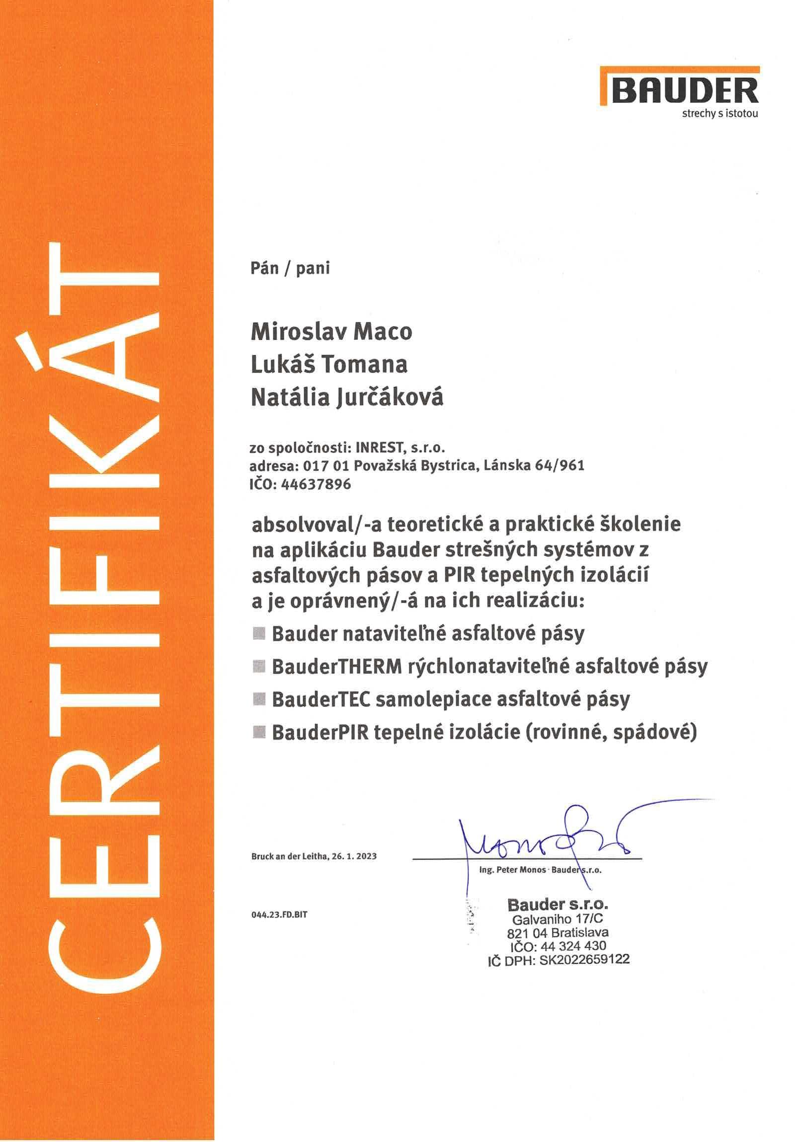 Bauder Certifikát